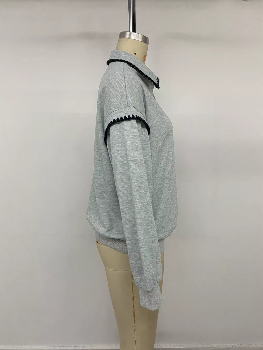 Polo Collar Dropped Shoulder Sweatshirt in Gray with buttoned