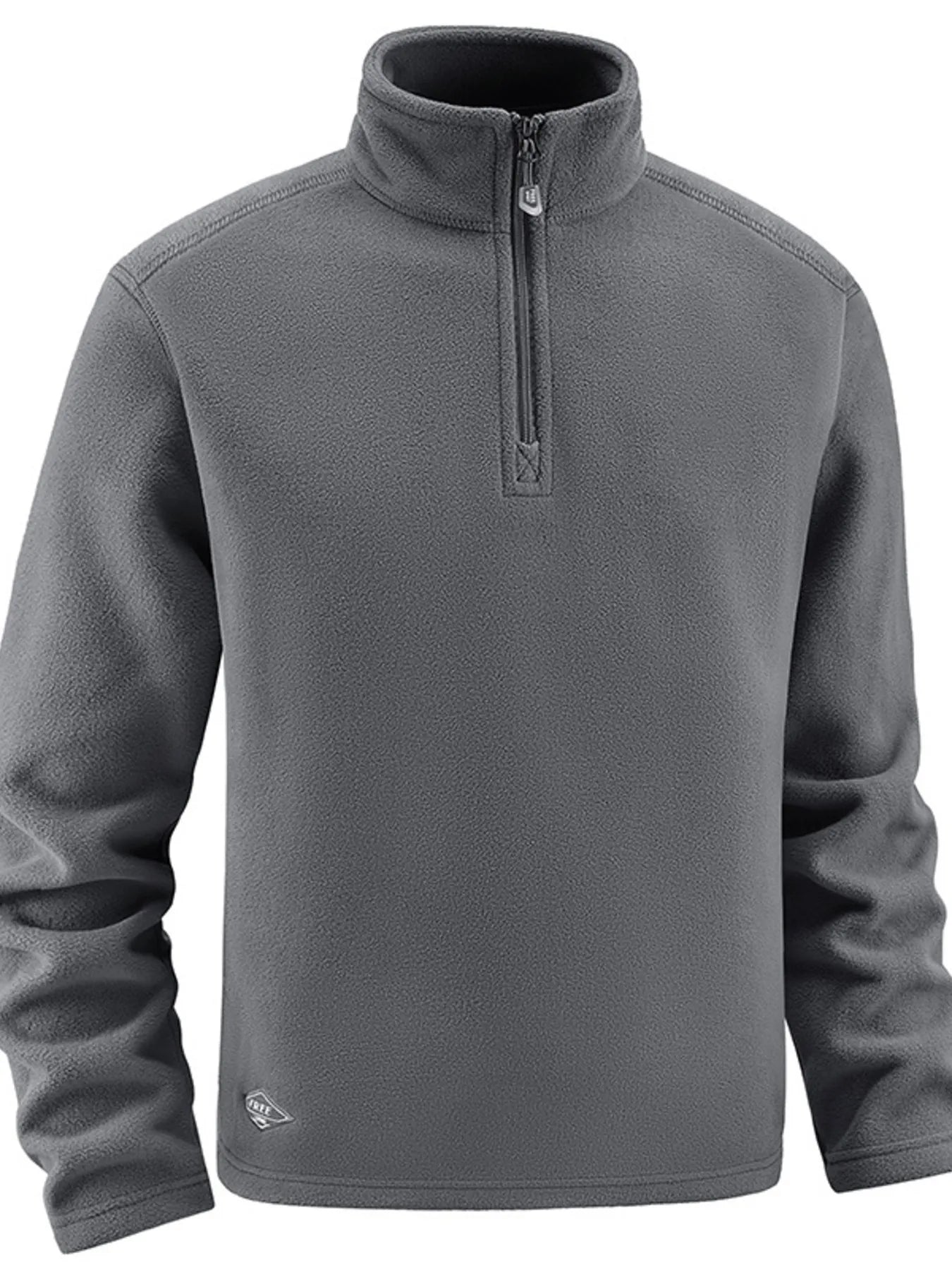 Plus-size dark gray quarter zip fleece sweatshirt with a stand-up collar and zipper.