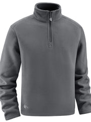 Plus-size dark gray quarter zip fleece sweatshirt with a stand-up collar and zipper.