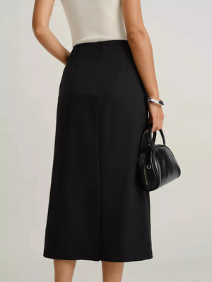 Black midi skirt with button front and pockets, shown from the back.