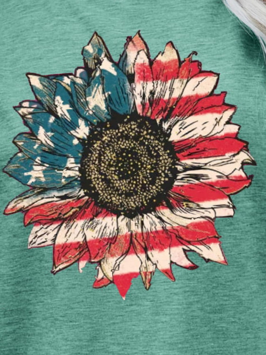 Sunflower Americana graphic tee in Gum Leaf green with patriotic sunflower design.