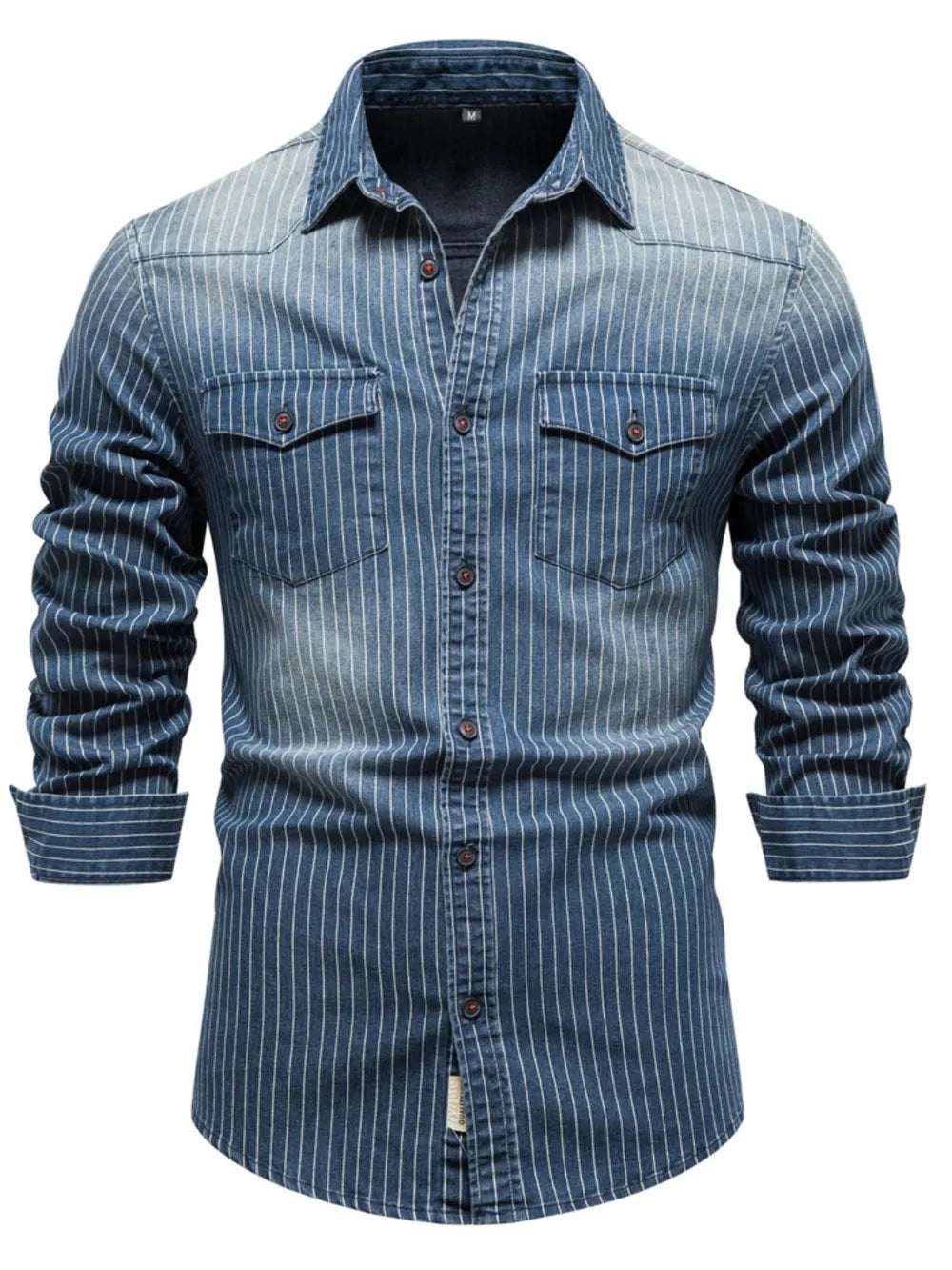Denim western shirt in peacock blue with vertical white stripes, button front, and chest pockets.