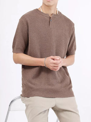 Men's brown knit henley shirt with short sleeves and button placket.