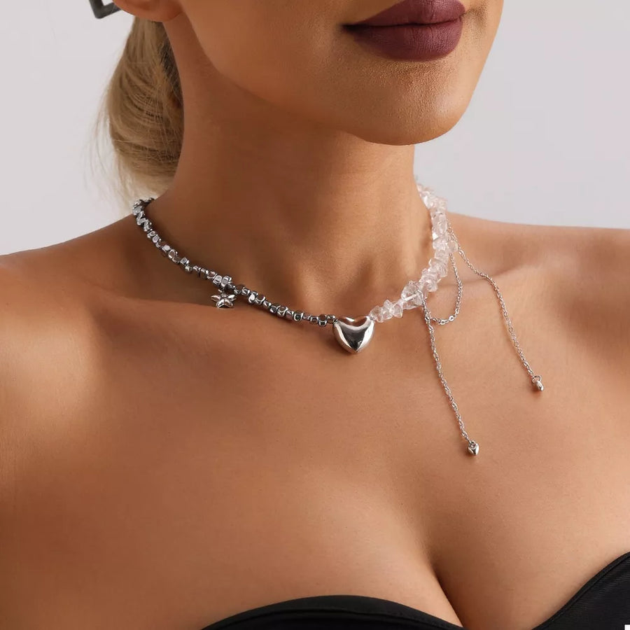 Alloy, Silver-plated, Glass, Black chalcedony Care instructions: Avoid wearing d necklace in clear with choker silhouette