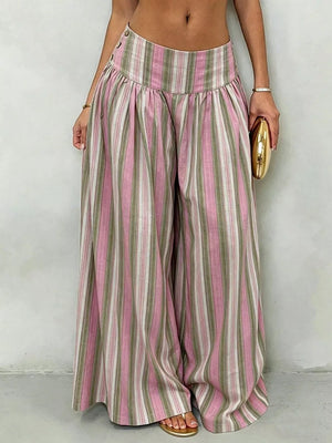 wide-leg pants in Gray Pink Stripes with striped and buttoned