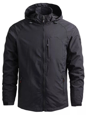 Black lightweight hooded windproof jacket with zippered chest pocket and side pockets.