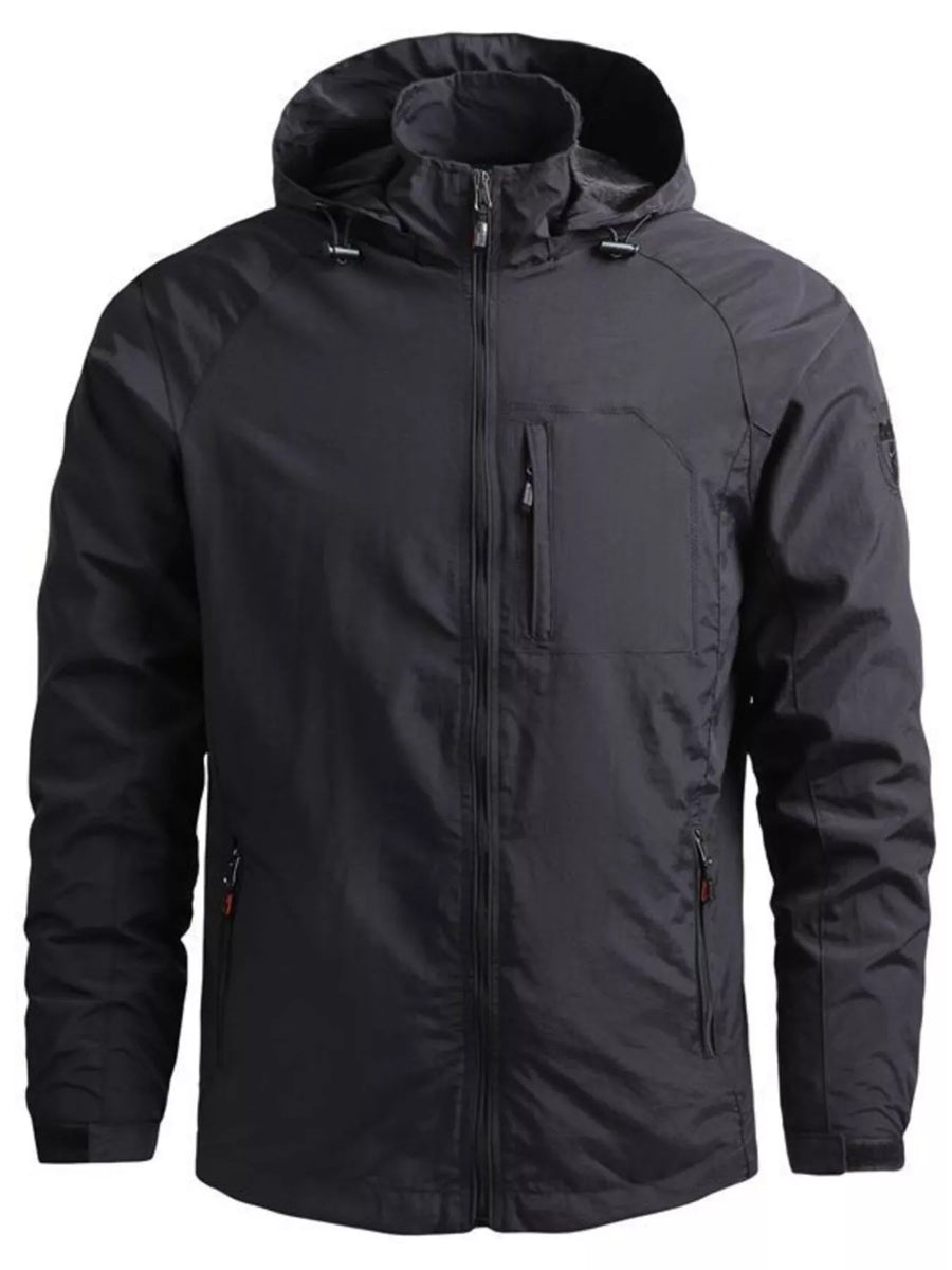 Black lightweight hooded windproof jacket with zippered chest pocket and side pockets.