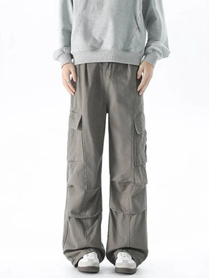 Relaxed fit gray cargo pants with multiple pockets and a comfortable, casual style.