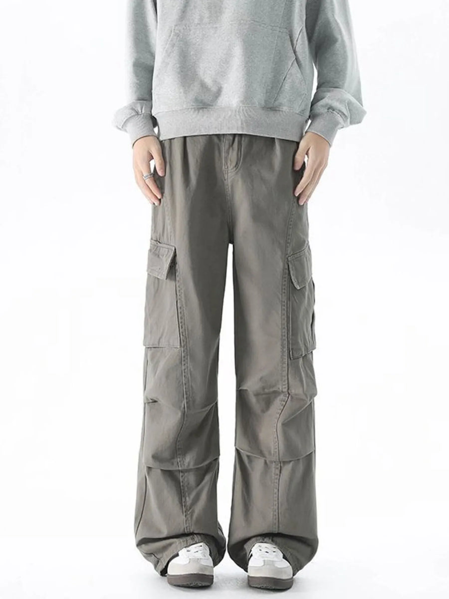 Relaxed fit gray cargo pants with multiple pockets and a comfortable, casual style.