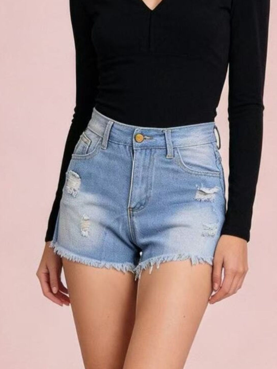 Light blue denim shorts with frayed hem and distressed details.
