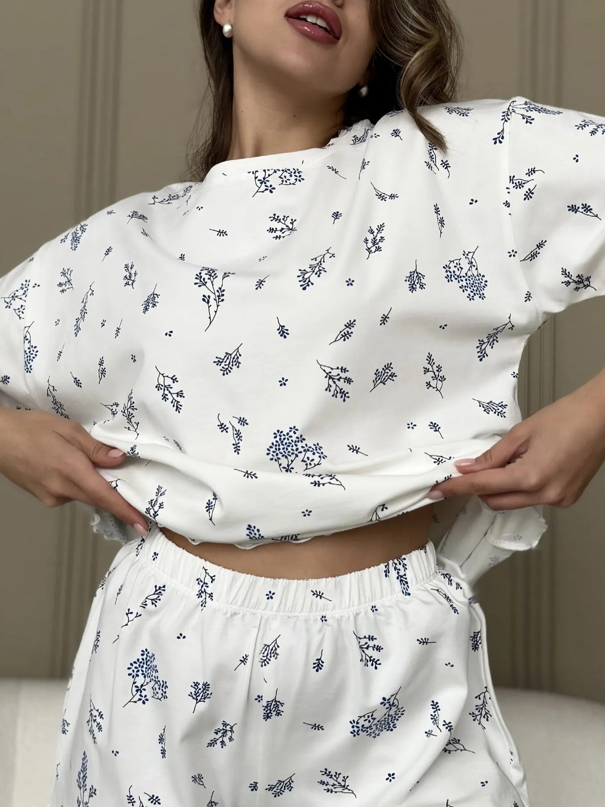 romantic pajama set in Blue with round neck
