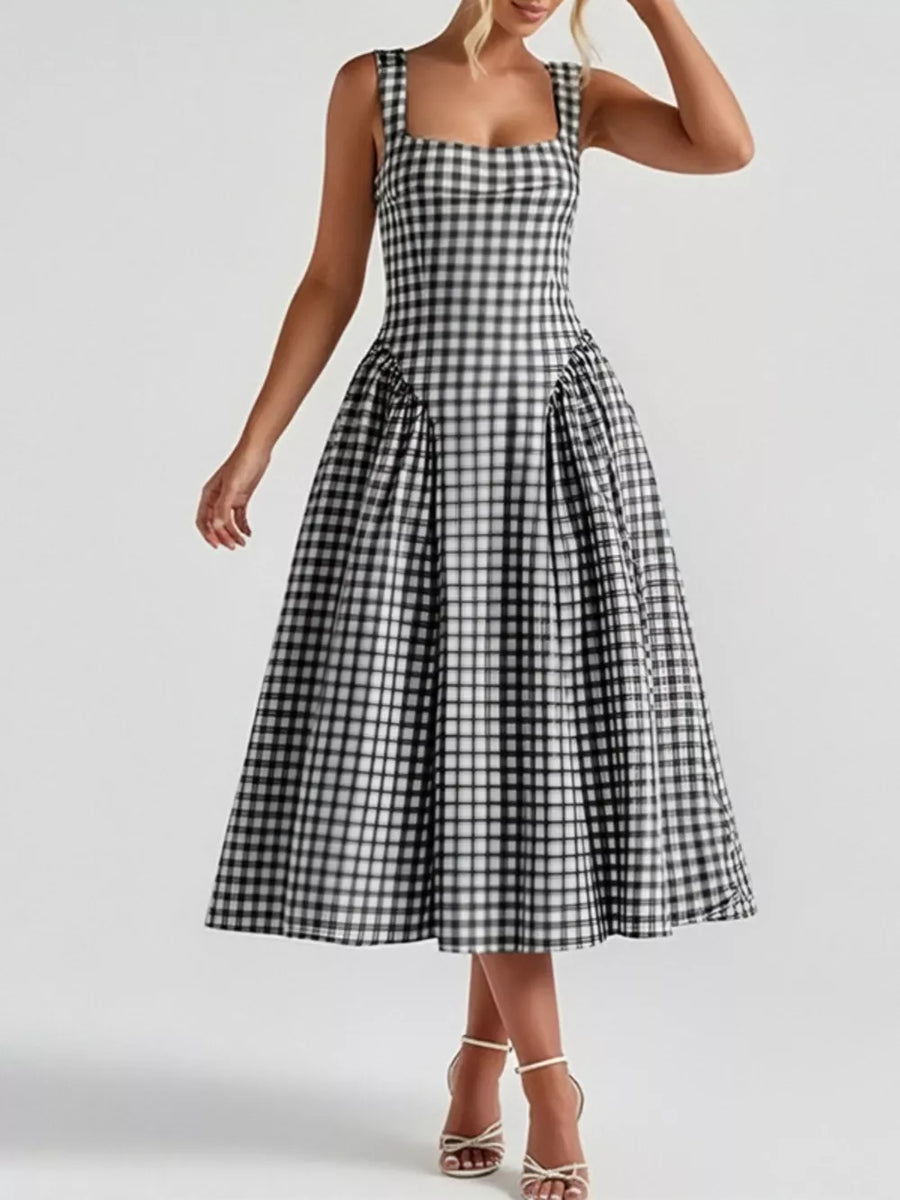 Black plaid square neck midi dress with a-line skirt and gathered waist detail.