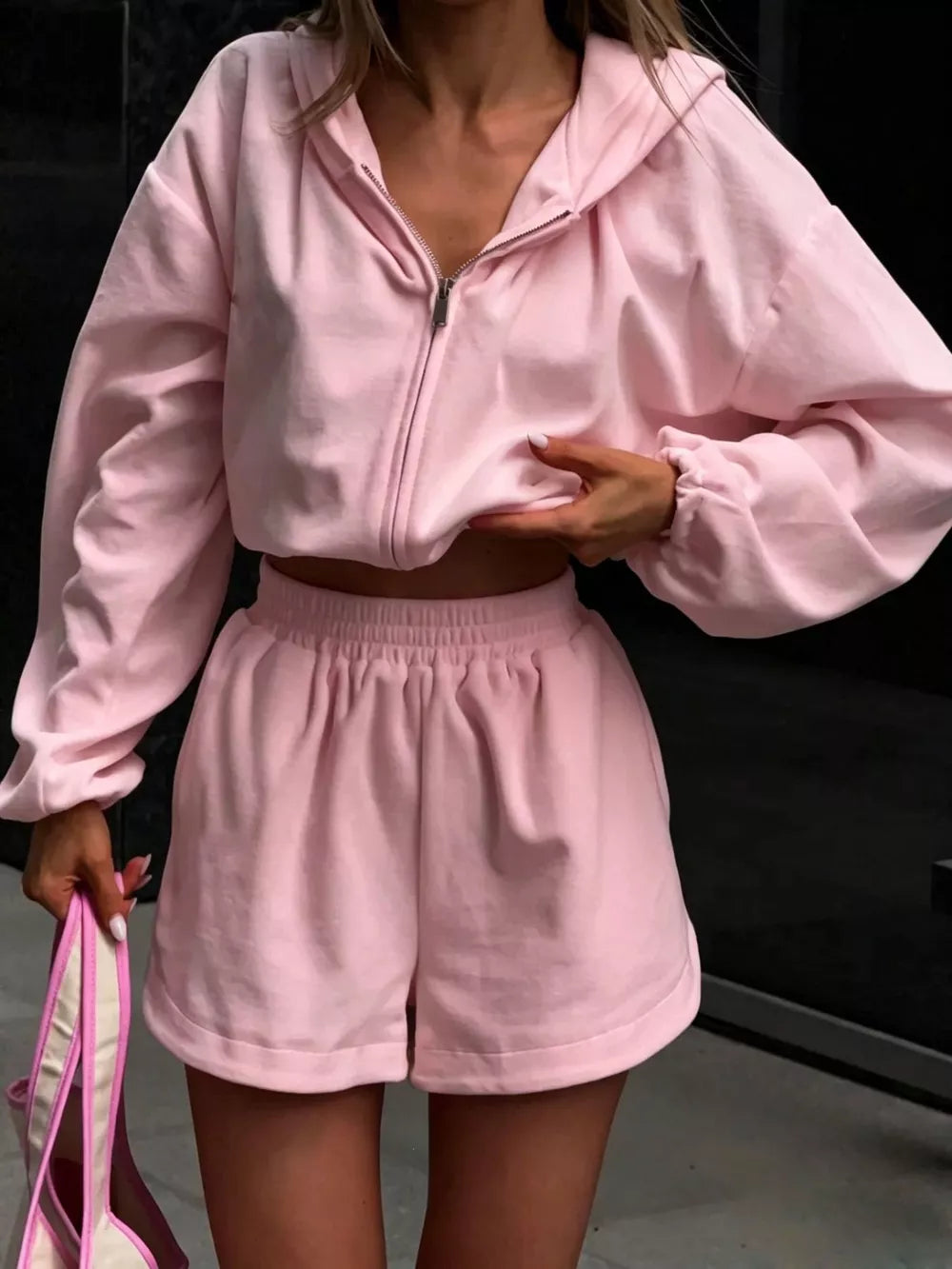 Long Sleeve Zip-up Hoodie And Shorts Set in White