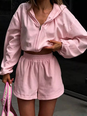 Long Sleeve Zip-up Hoodie And Shorts Set in White
