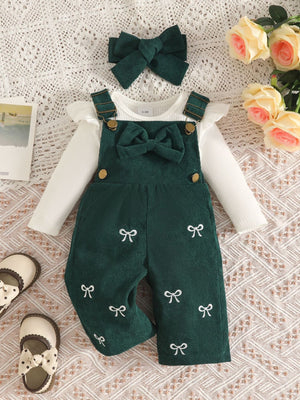 Children's Ribbed Bodysuit And Bow-Embroidered Overall Set in Pink