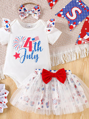 White cotton baby outfit with 4th of July graphic, ruffled sleeves, and matching tulle skirt with red bow.