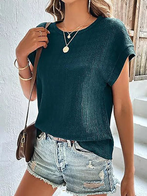 Black Textured Round Neck Short Sleeve Top