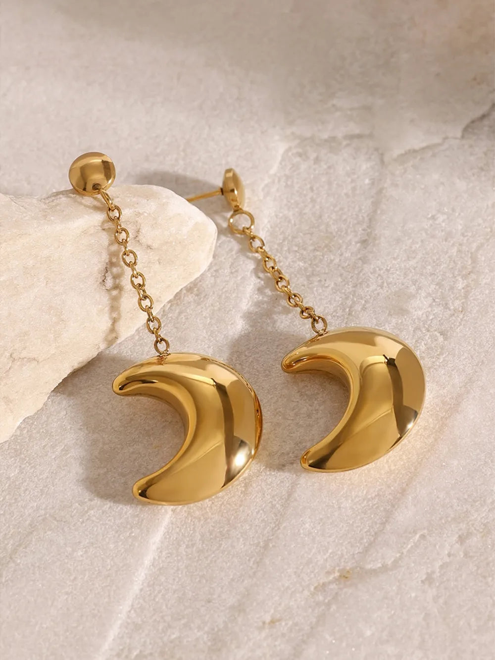 Gold celestial crescent drop earrings with chain detail