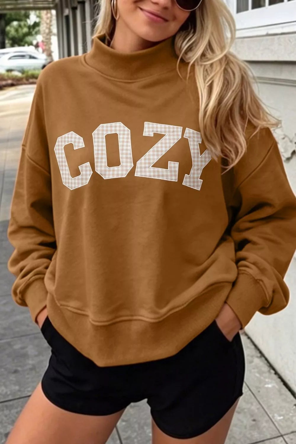 camel sweatshirt with gingham and mock neck