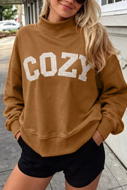 camel sweatshirt with gingham and mock neck