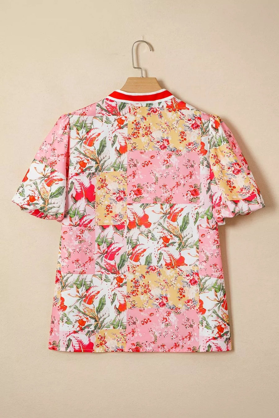 Contrast Collared V Neck Short Sleeve Floral Blouse option 6