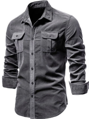 Dark Gray corduroy utility shirt with two button flap chest pockets and button front.