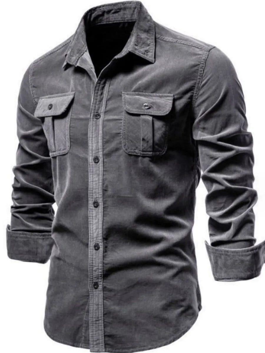 Dark Gray corduroy utility shirt with two button flap chest pockets and button front.