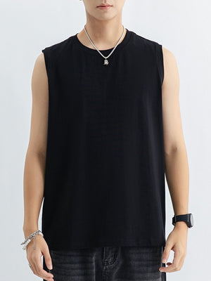 Men's black cotton tank top with a crew neck, sleeveless cut, and relaxed fit.