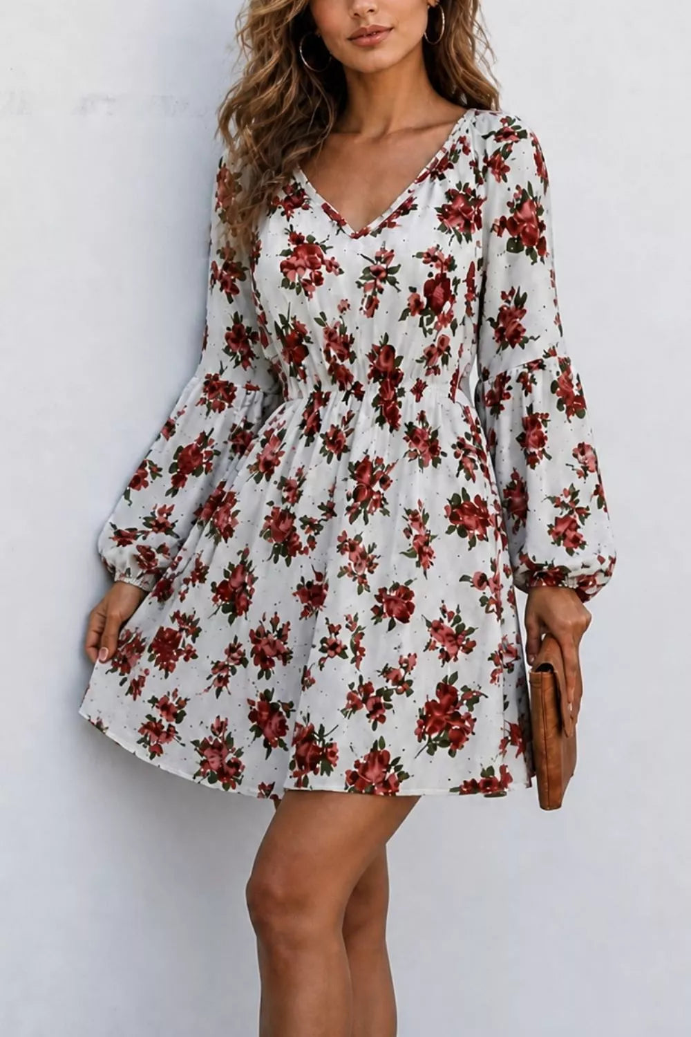 burgundy mini dress featuring smocked and floral