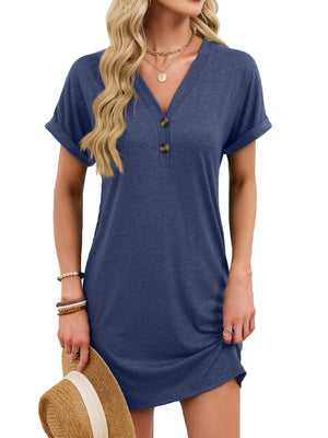 Navy blue t-shirt dress with v-neck, decorative buttons, cuffed sleeves, and above-knee length.
