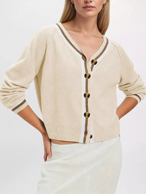 brown cardigan featuring buttoned and striped