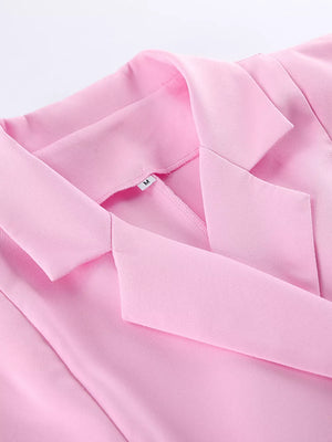 light pink fitted top, wide-leg bottom two-piece set with notch lapel