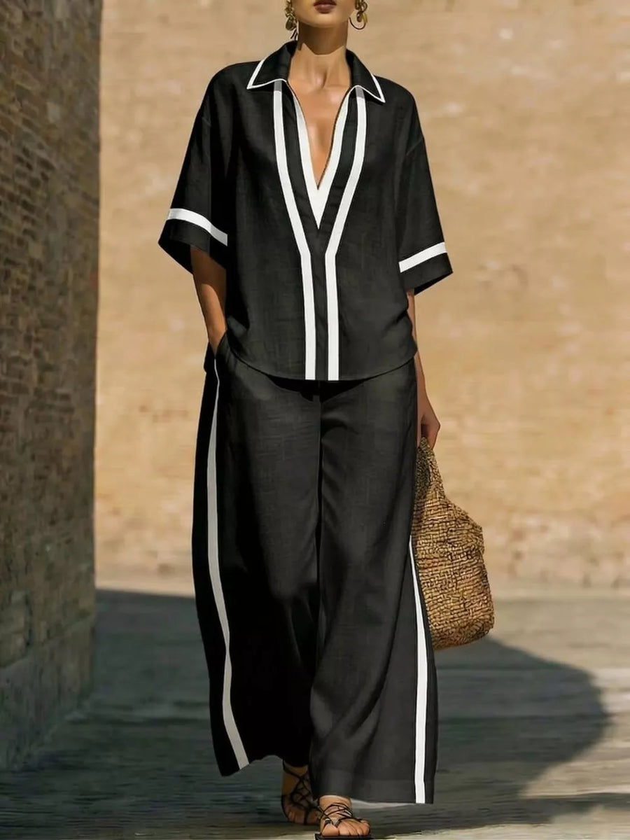 Contrast Trim Two-piece Top And Pants Set Plus Size in Khaki