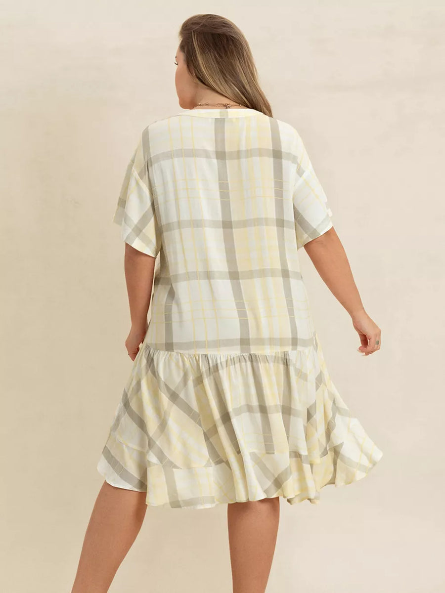 Plus size beige plaid flutter sleeve dress with tiered ruffle hem