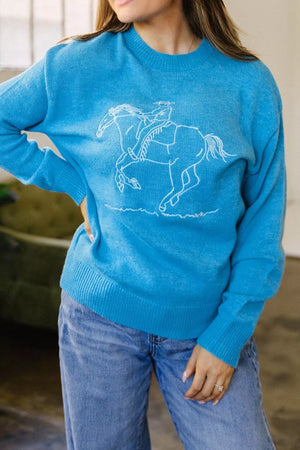 Sky Blue with Western Embroidery Drop Shoulder Sweater