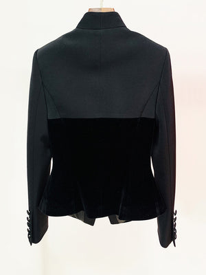 black blazer with hip-length and button-front
