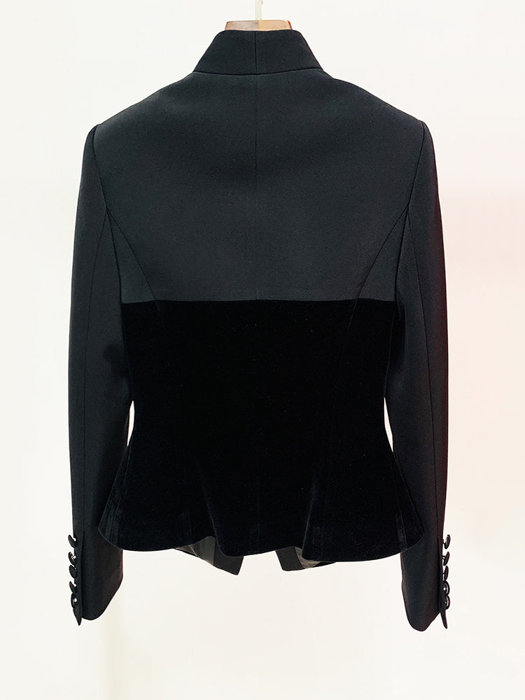black blazer with hip-length and button-front