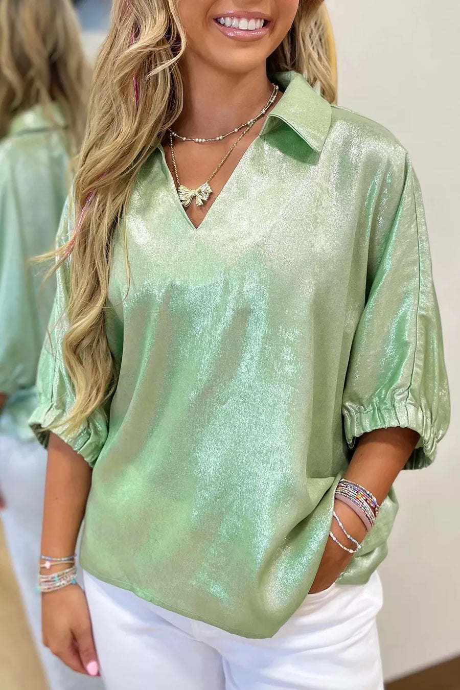 Textured Johnny collar blouse in Gum Leaf with elastic cuffs and V-neck