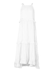 White ruffled maxi dress with tiered skirt and smocked bodice.
