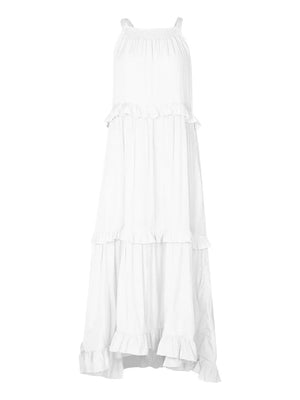 White ruffled maxi dress with tiered skirt and smocked bodice.
