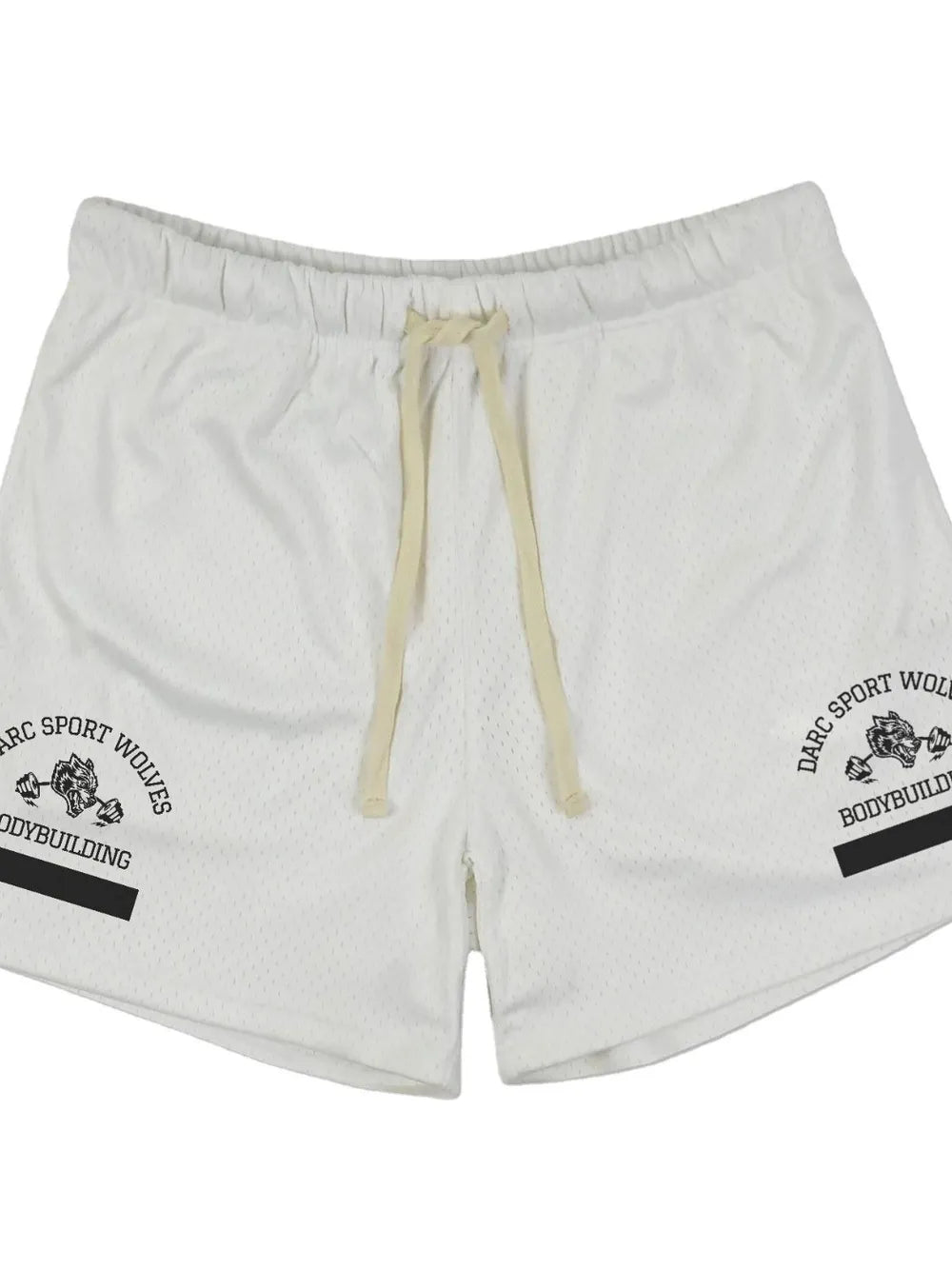 White mesh sport shorts with drawstring and bodybuilding graphic detail.