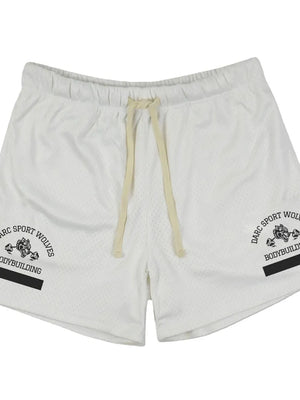 White mesh sport shorts with drawstring and bodybuilding graphic detail.