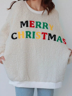 Beige sherpa sweatshirt with colorful "Merry Christmas" embroidery, crewneck, long sleeves.