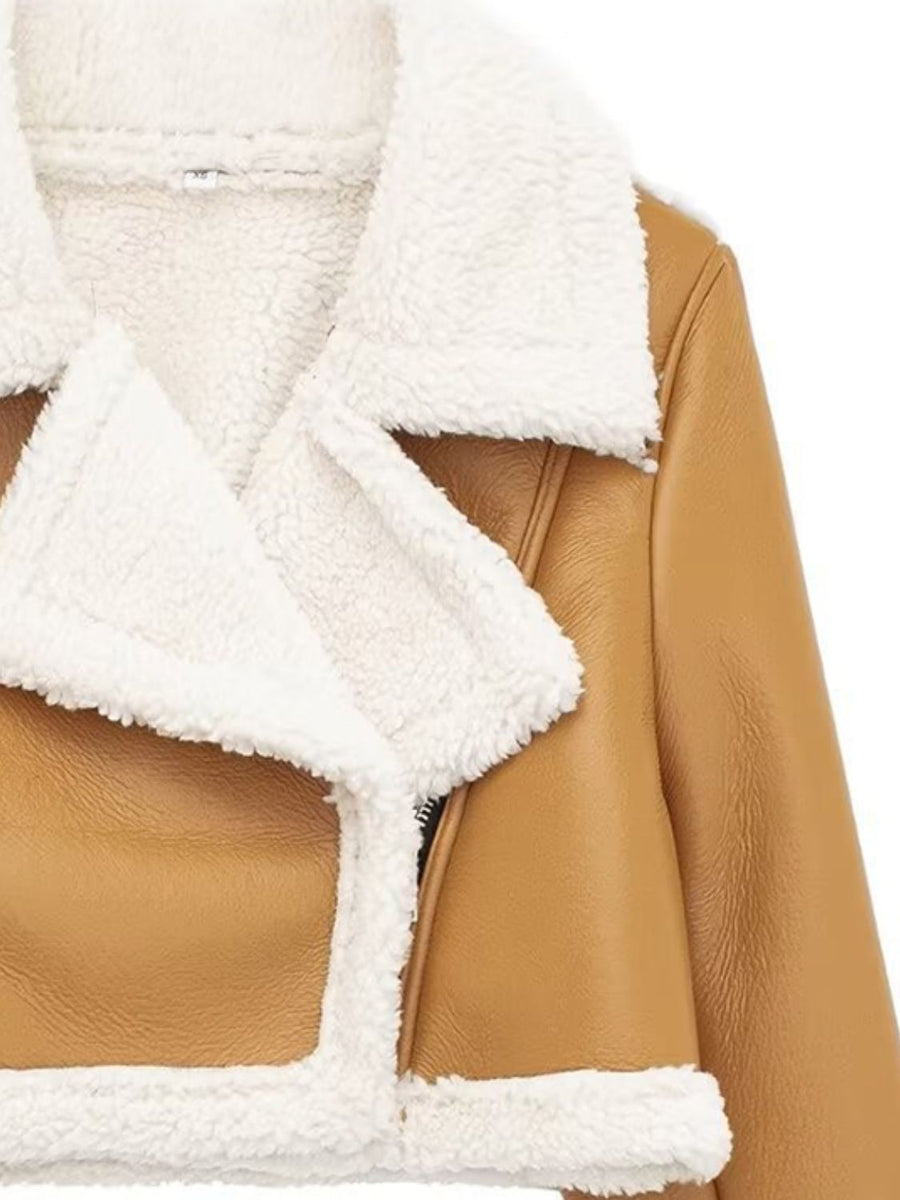 Brown cropped aviator jacket with white shearling trim and collar