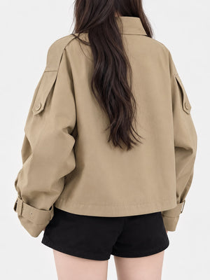 camel trench coat with seam detail and long sleeve