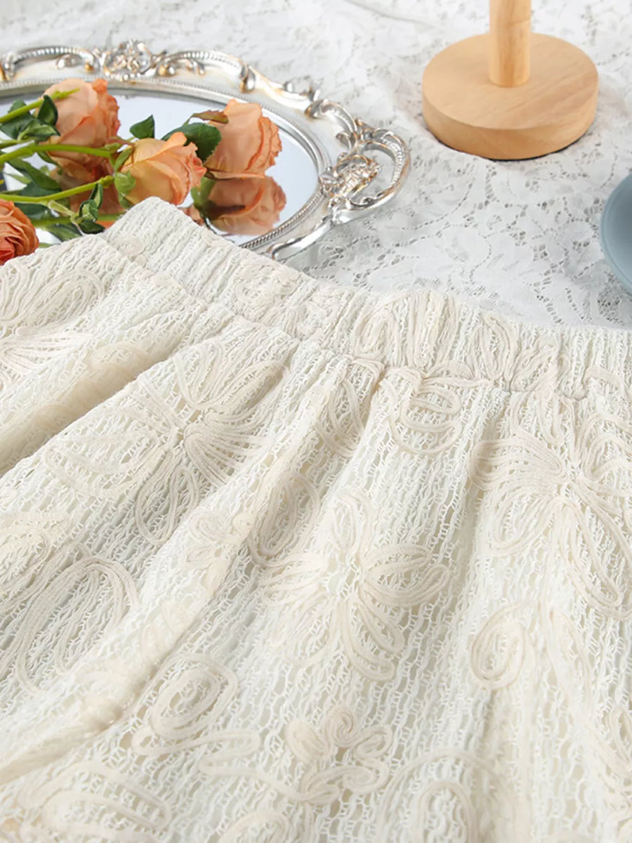 Lace Crochet Tie Front Top And Shorts Set in Beige with lace