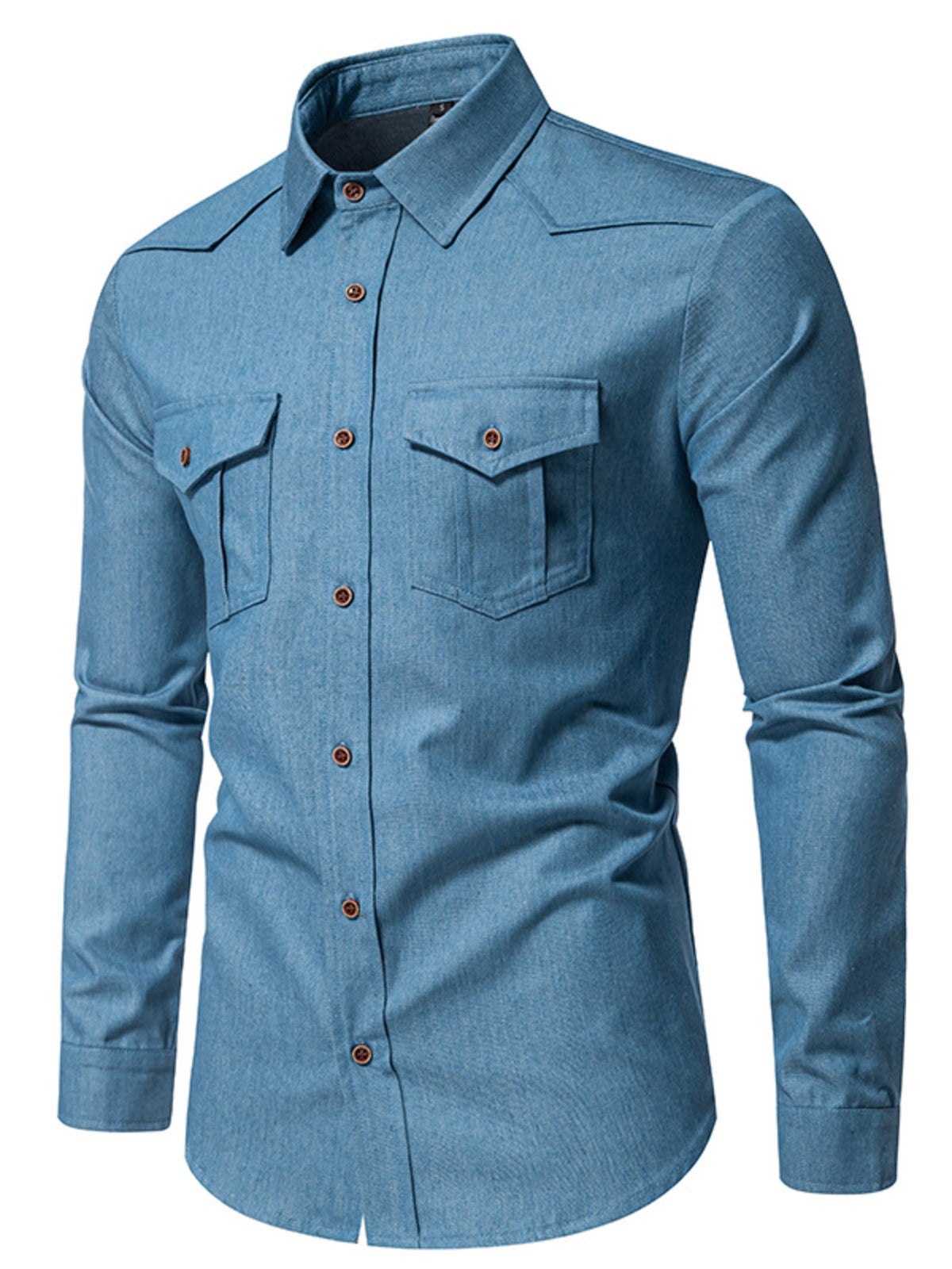 Light blue cotton denim shirt with two chest pockets and button-down front.
