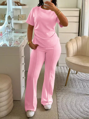Pink Purple Round Neck Short Sleeve Top And Pants Set