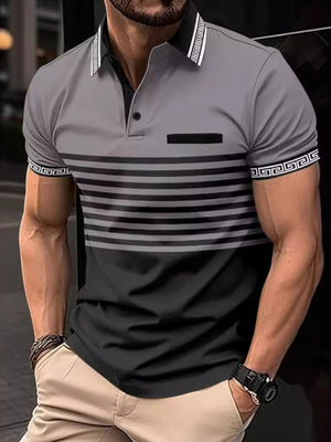 Gray polo shirt with geometric stripe pattern and contrast trim on collar and sleeves.