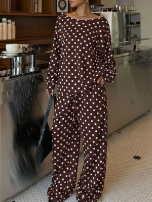 Polka Dot Long Sleeve Top And Pants Set in Navy Blue